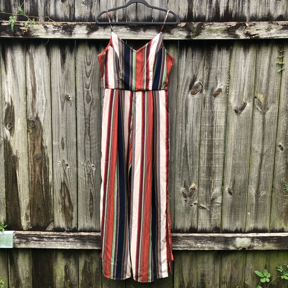 Strut & Bolt Jumpsuit Size M Striped Wide Leg Sleeveless Split Leg Earth Tones